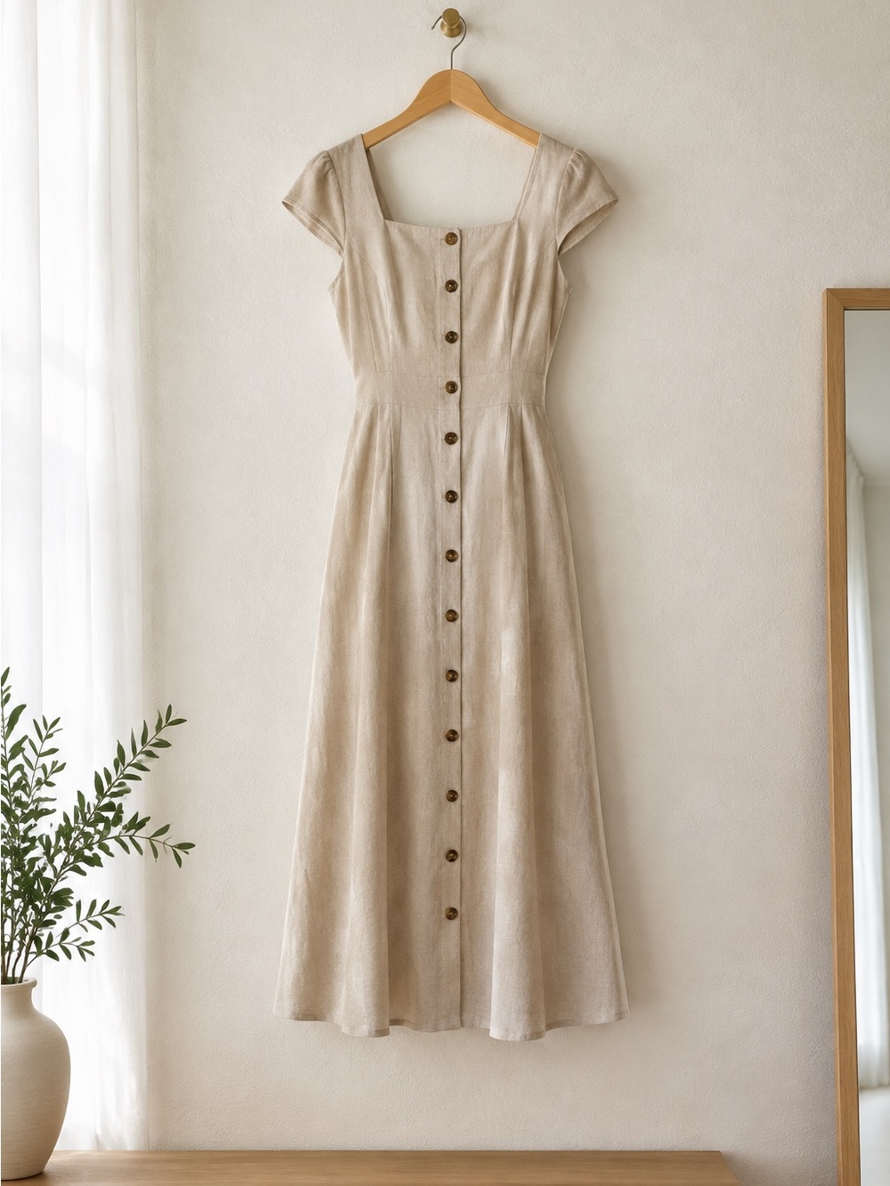 Classic Square-Neck Button-Front Midi Dress in Beige